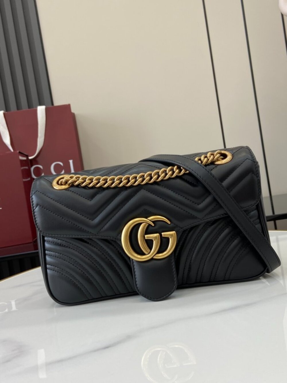 Gucci Black Leather GG Marmont Bag with Gold Chain